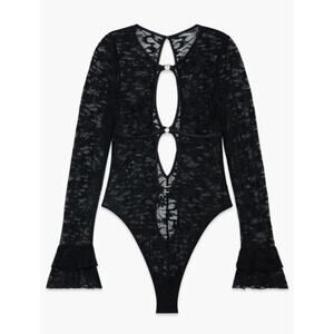 NWT Savage Fenty Medium Black Long-Sleeve Link Up Lace Teddy Bodysuit Lingerie